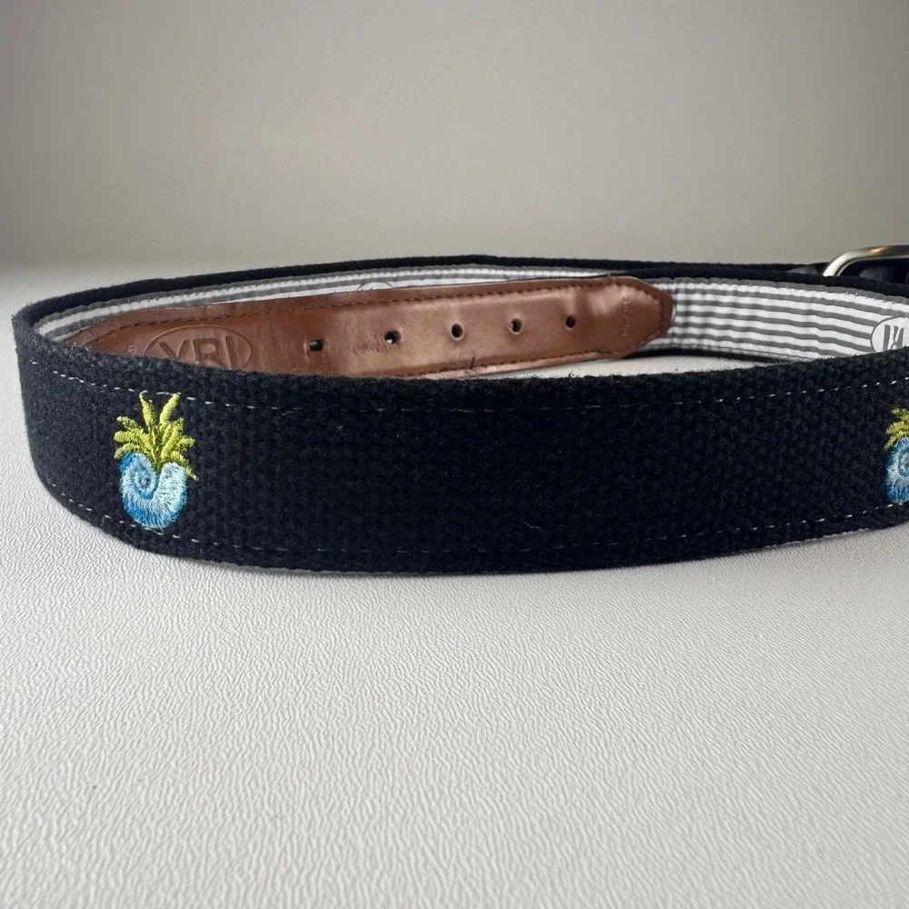YRI Seashell Black Canvas Belt Embroidered Pineapple‎ Nautical Size 36